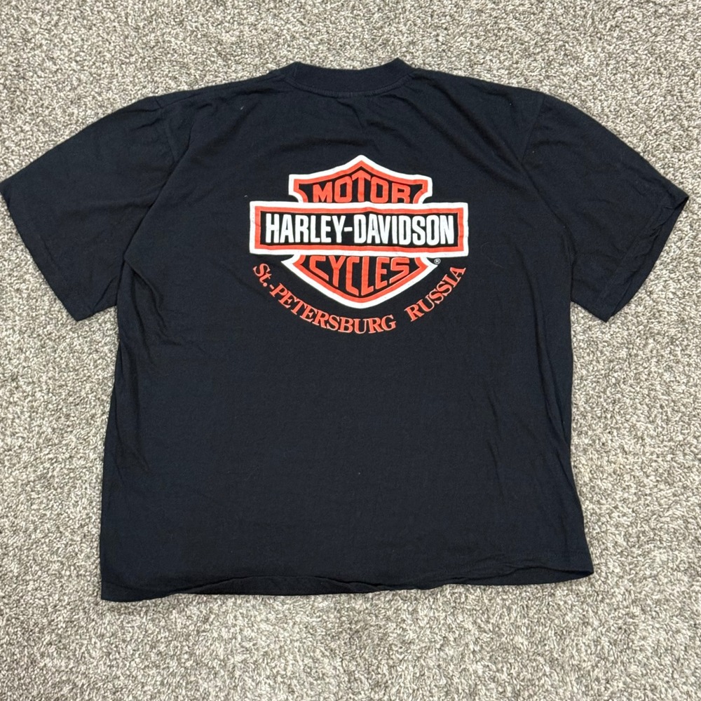 VTG 90s Harley Davidson St. Petersburg Russian Graphic T-Shirt Mens XL Black Tee